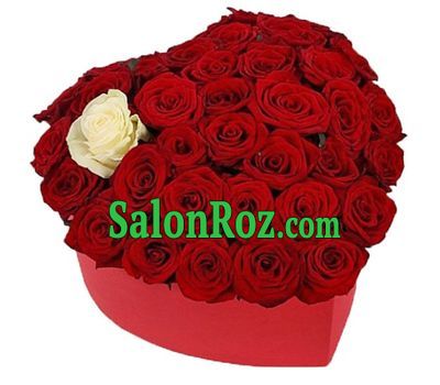 Heart box from red roses and one white Heart box from red roses and one white