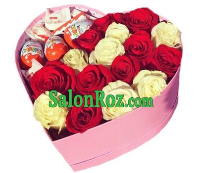 Red and white roses with sweets in a box Red and white roses with sweets in a box