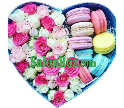 Roses and macarons in the box heart Roses and macarons in the box heart