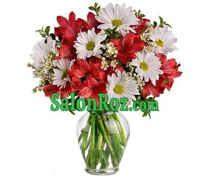 Bouquet of white chrysanthemums and red alstroemerias Bouquet of white chrysanthemums and red alstroemerias