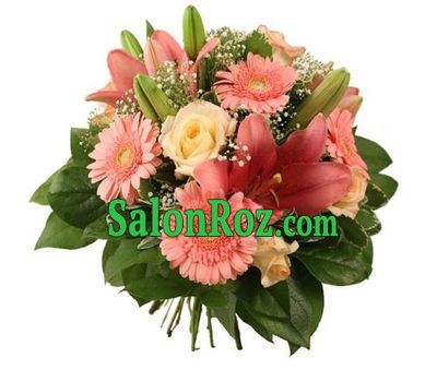 Bouquet of flowers from gerberas, roses and lilies Bouquet of flowers from gerberas, roses and lilies