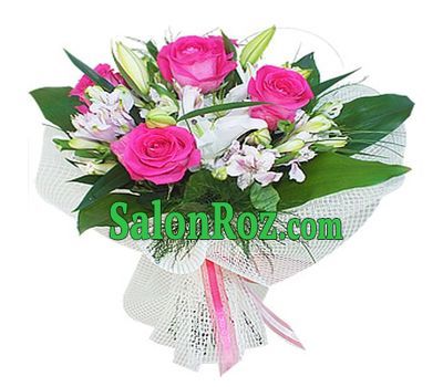 Bouquet of flowers from 1 lilies, 5 roses and 5 alstroemerias Bouquet of flowers from 1 lilies, 5 roses and 5 alstroemerias