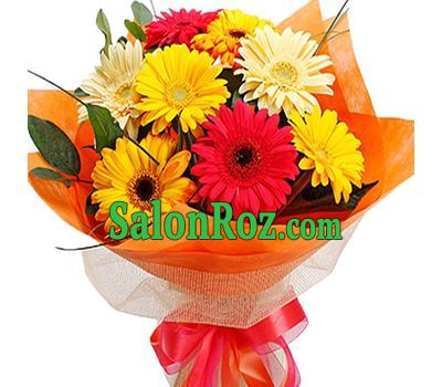 Bouquet of flowers of 9 different-colored gerberas with verdure Bouquet of flowers of 9 different-colored gerberas with verdure