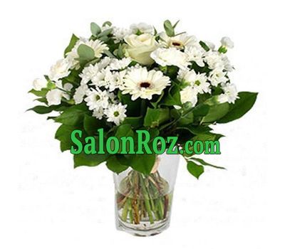 Bouquet of flowers of 4 gerberas, 6 chrysanthemums and 1 rose with greens Bouquet of flowers of 4 gerberas, 6 chrysanthemums and 1 rose with greens