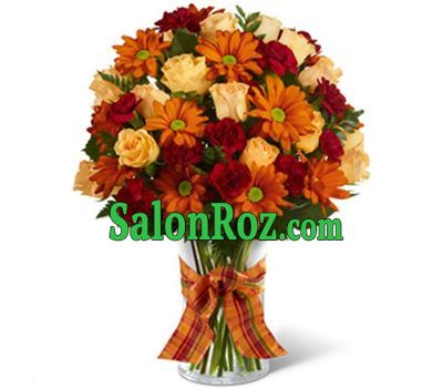 Bouquet of flowers from 13 roses, 9 gerberas and 10 carnations Bouquet of flowers from 13 roses, 9 gerberas and 10 carnations
