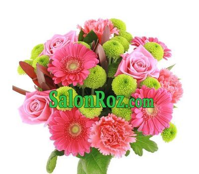 Bouquet of flowers from 3 roses, 4 gerberas, 5 chrysanthemums and 3 carnations Bouquet of flowers from 3 roses, 4 gerberas, 5 chrysanthemums and 3 carnations
