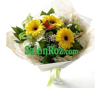 Bouquet of flowers from 3 gerberas, 3 chrysanthemums and 1 alstroemerias Bouquet of flowers from 3 gerberas, 3 chrysanthemums and 1 alstroemerias