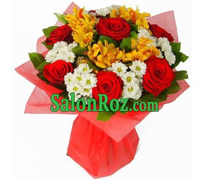 Bouquet of 7 roses, 5 alstromeries, 5 chrysanthemums Bouquet of 7 roses, 5 alstromeries, 5 chrysanthemums