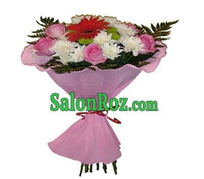 Bouquet of 7 roses and 3 chrysanthemums and 1 gerbera Bouquet of 7 roses and 3 chrysanthemums and 1 gerbera