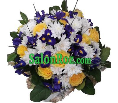Bouquet of 11 roses, 13 irises and 7 chrysanthemums Bouquet of 11 roses, 13 irises and 7 chrysanthemums