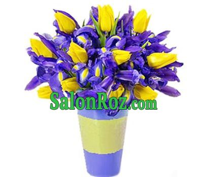 Bouquet of irises and yellow tulips Bouquet of irises and yellow tulips