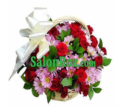Basket of flowers from 21 roses and 10 chrysanthemums Basket of flowers from 21 roses and 10 chrysanthemums