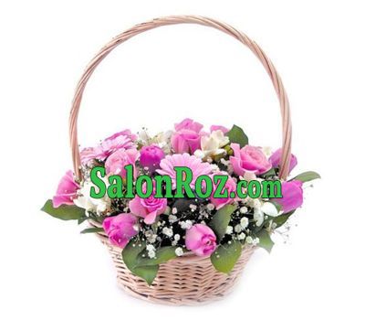 Basket of flowers from 5 roses, 9 tulips, 3 gerberas and 6 alstroemerias Basket of flowers from 5 roses, 9 tulips, 3 gerberas and 6 alstroemerias